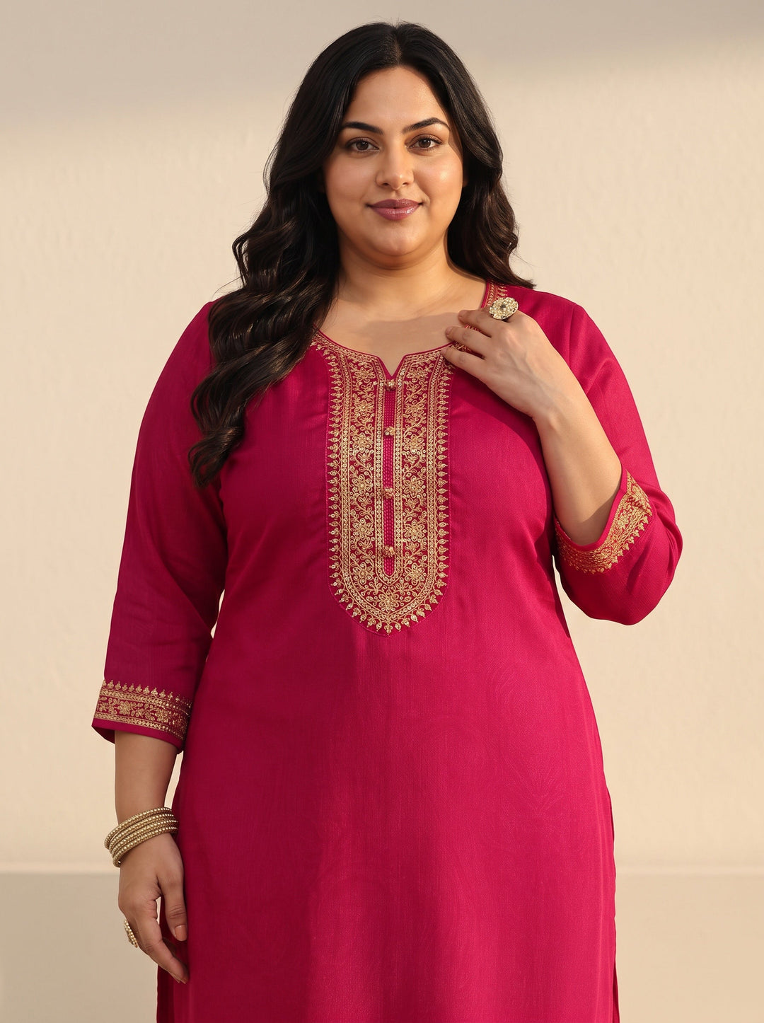 Plus Size Rani Pink Floral Embroidered Chinon Straight Suit Set