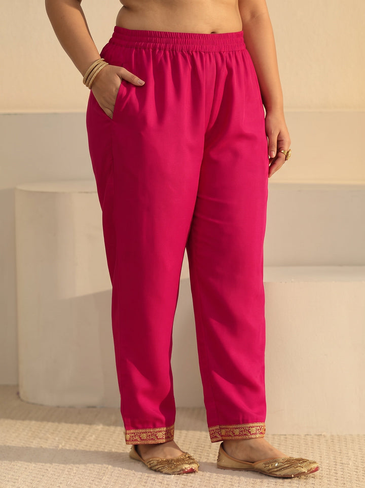 Plus Size Rani Pink Floral Embroidered Chinon Straight Suit Set