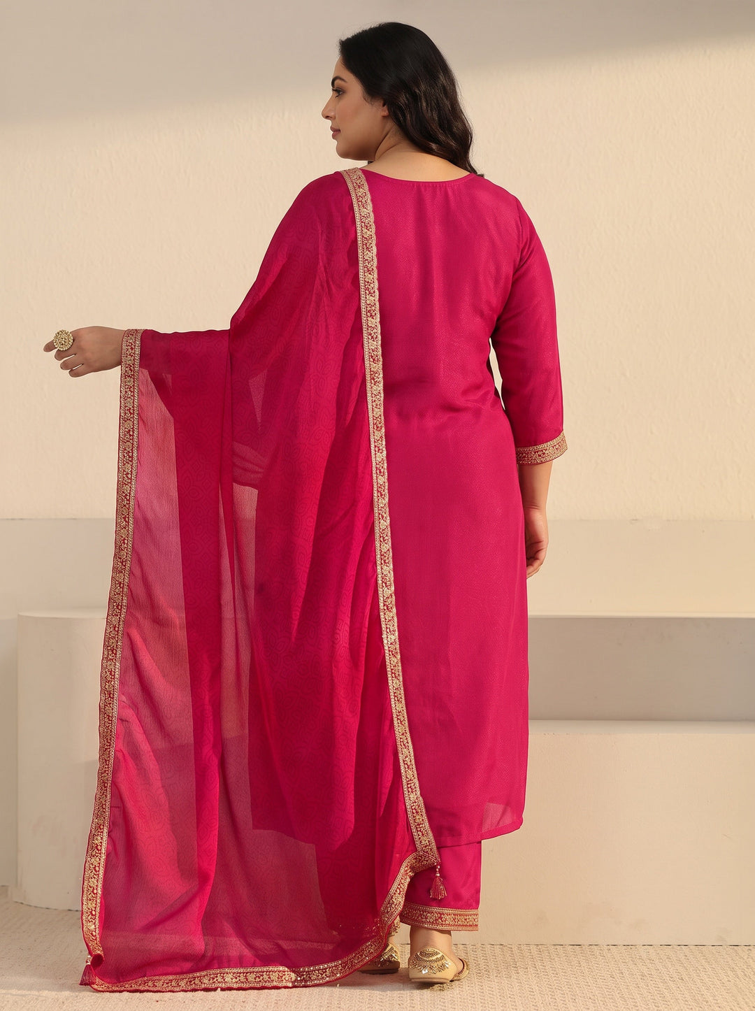 Plus Size Rani Pink Floral Embroidered Chinon Straight Suit Set
