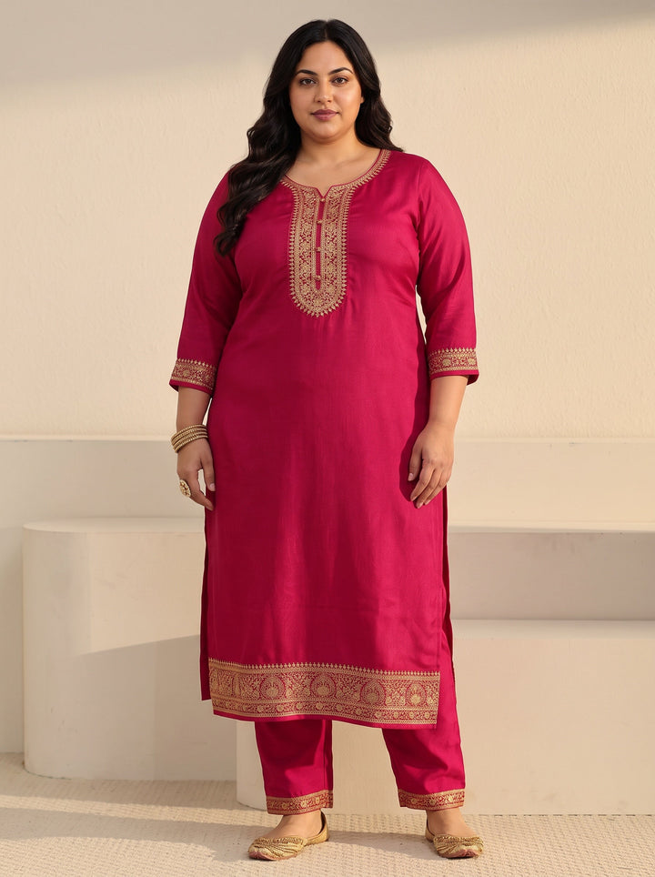 Plus Size Rani Pink Floral Embroidered Chinon Straight Suit Set