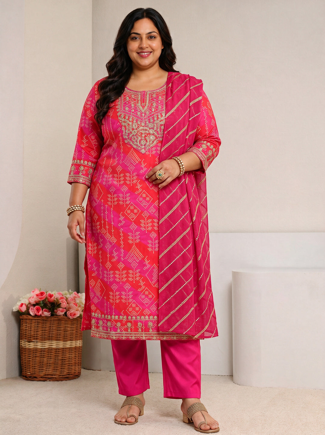 Plus Size Pink Bandhani Printed Silk Blend Straight Suit Set
