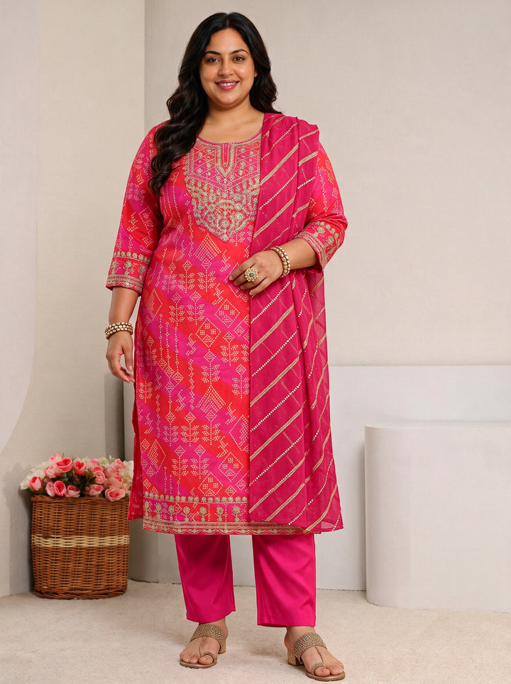 Plus Size Pink Bandhani Printed Silk Blend Straight Suit Set