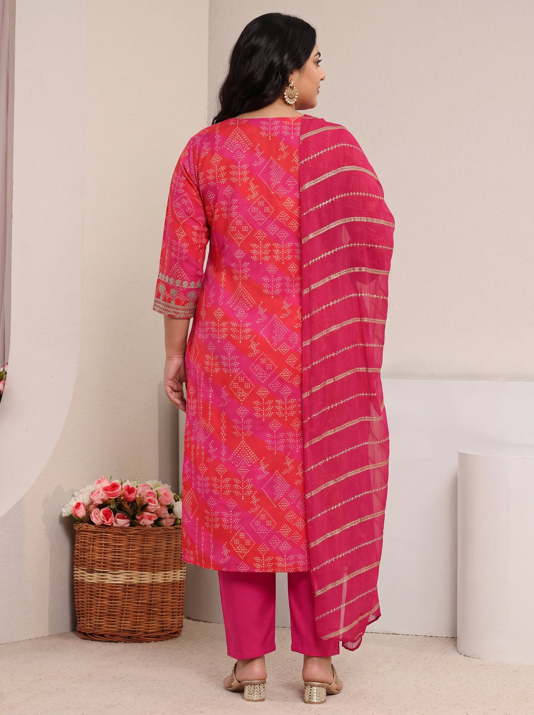 Plus Size Pink Bandhani Printed Silk Blend Straight Suit Set