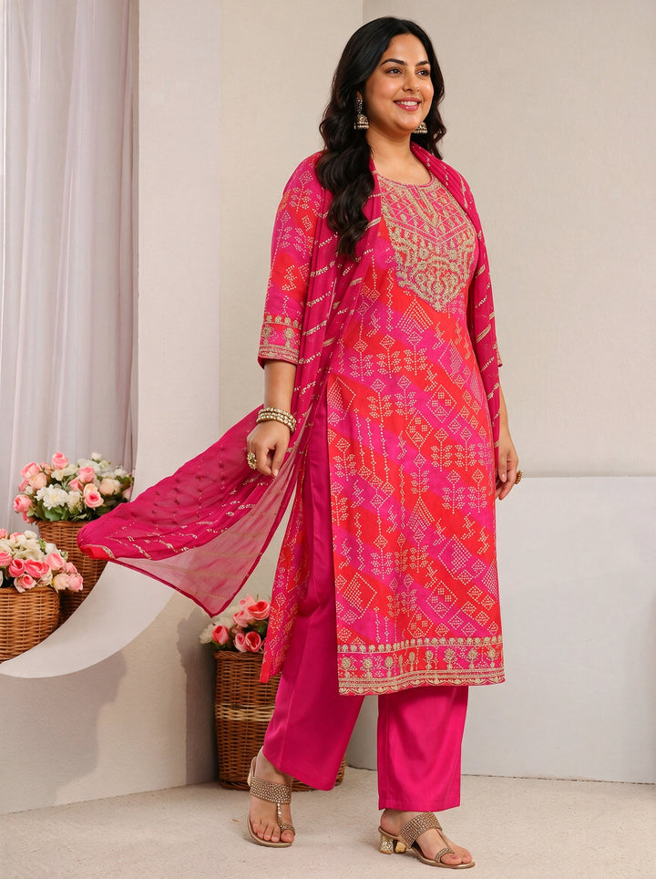 Plus Size Pink Bandhani Printed Silk Blend Straight Suit Set