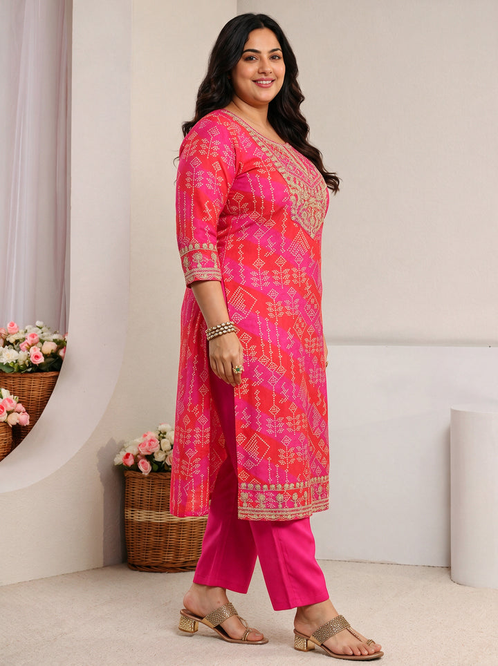 Plus Size Pink Bandhani Printed Silk Blend Straight Suit Set