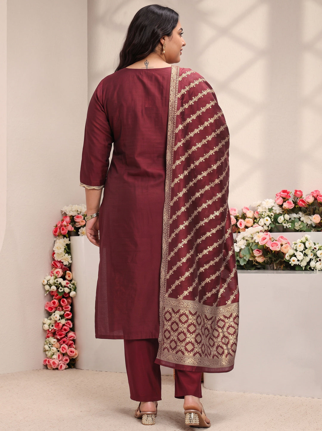Plus Size Maroon Yoke Design Silk Blend Straight Suit Set