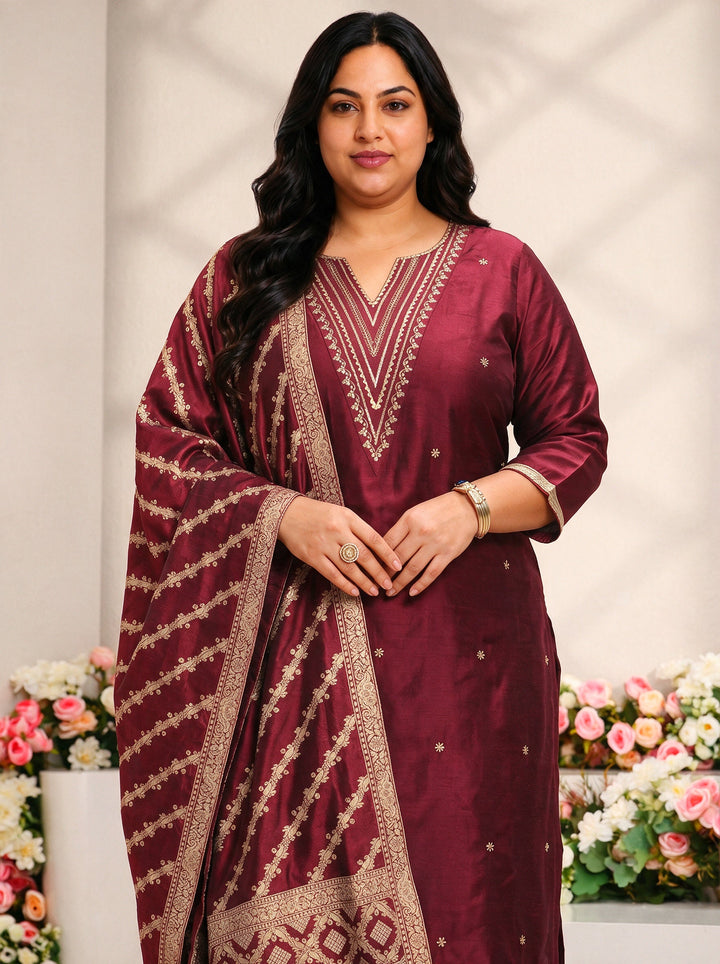 Plus Size Maroon Yoke Design Silk Blend Straight Suit Set