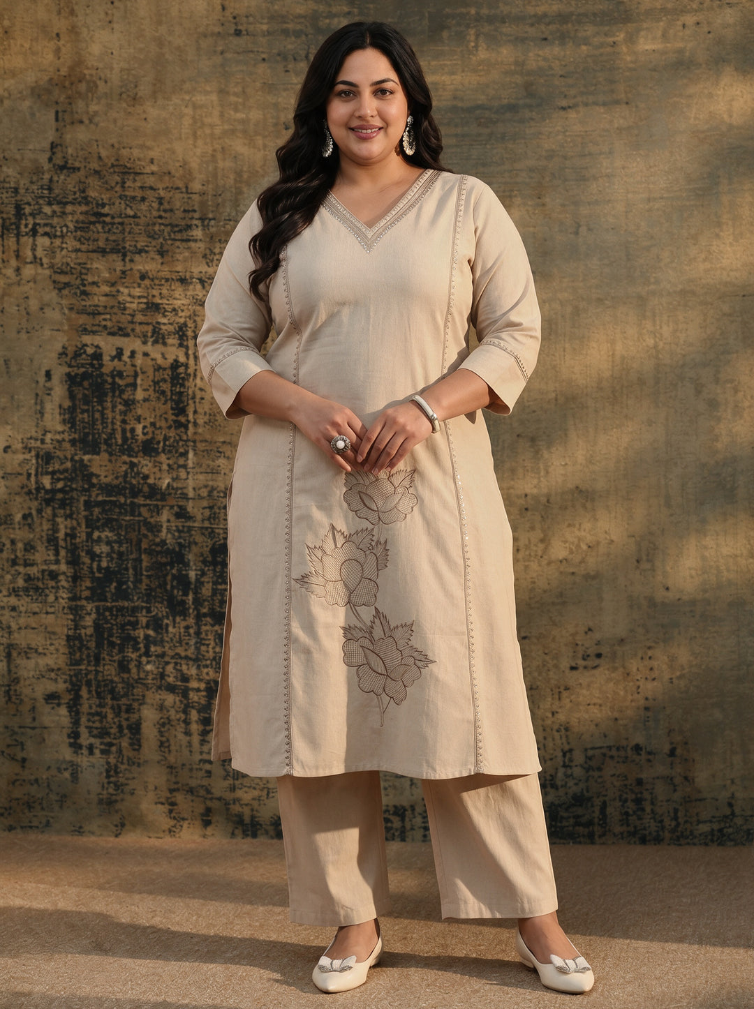 Plus Size Off White Floral Embroidered Cotton Straight Suit Set