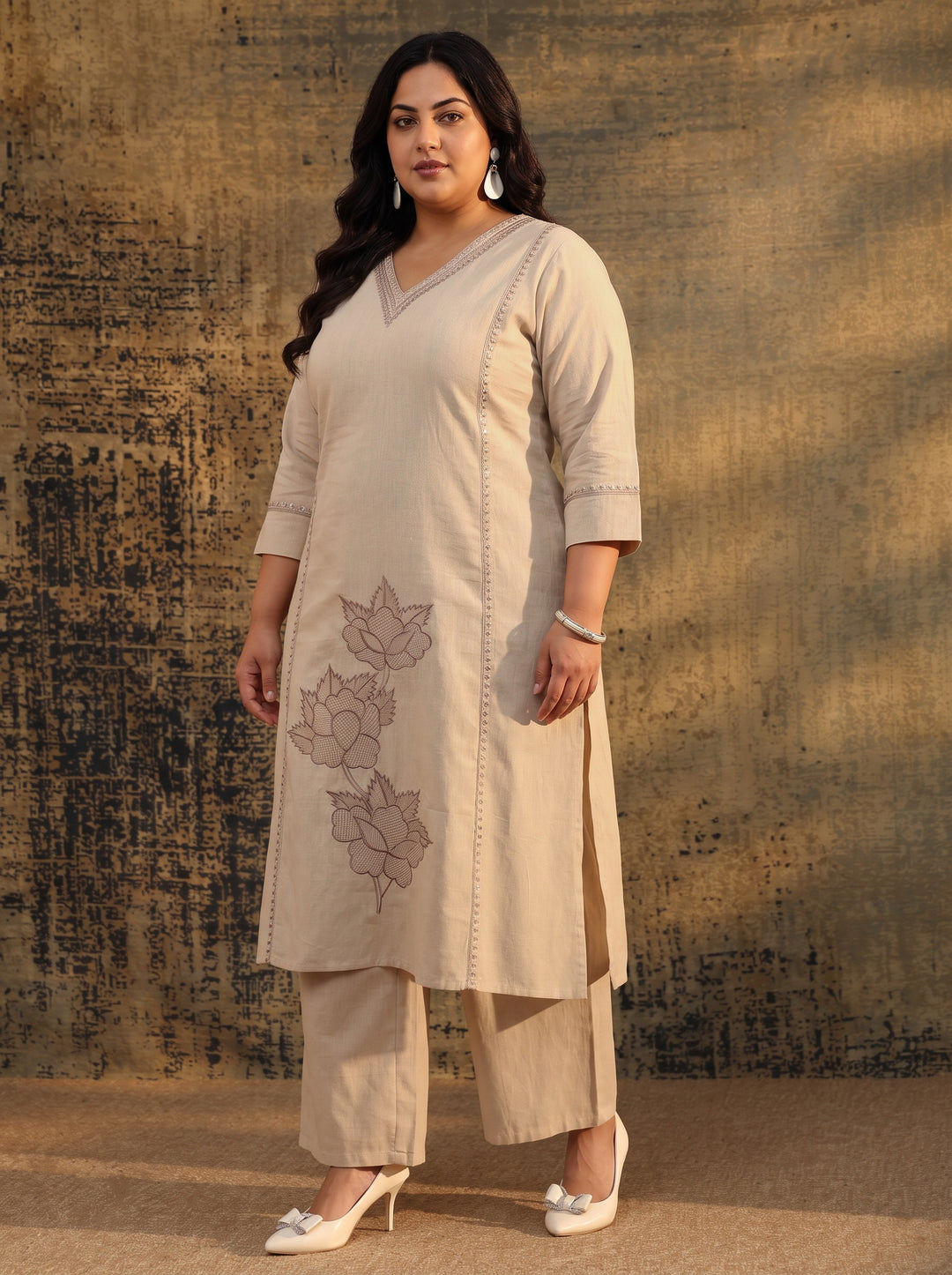 Plus Size Off White Floral Embroidered Cotton Straight Suit Set