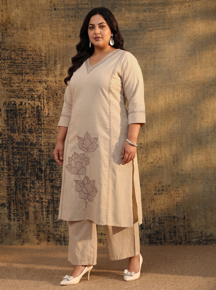 Plus Size Off White Floral Embroidered Cotton Straight Suit Set