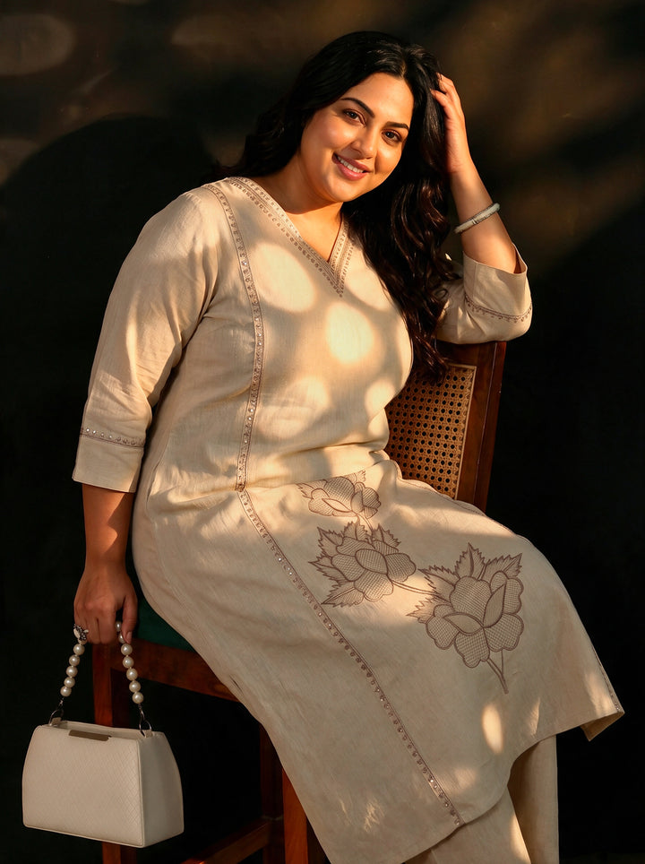 Plus Size Off White Floral Embroidered Cotton Straight Suit Set