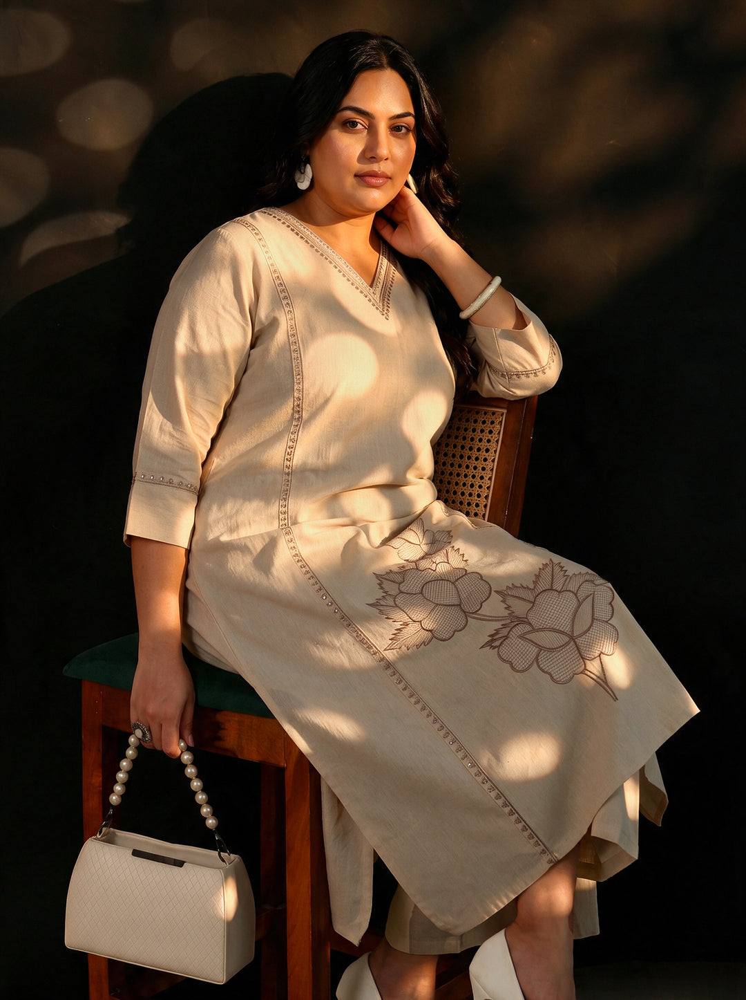 Plus Size Off White Floral Embroidered Cotton Straight Suit Set