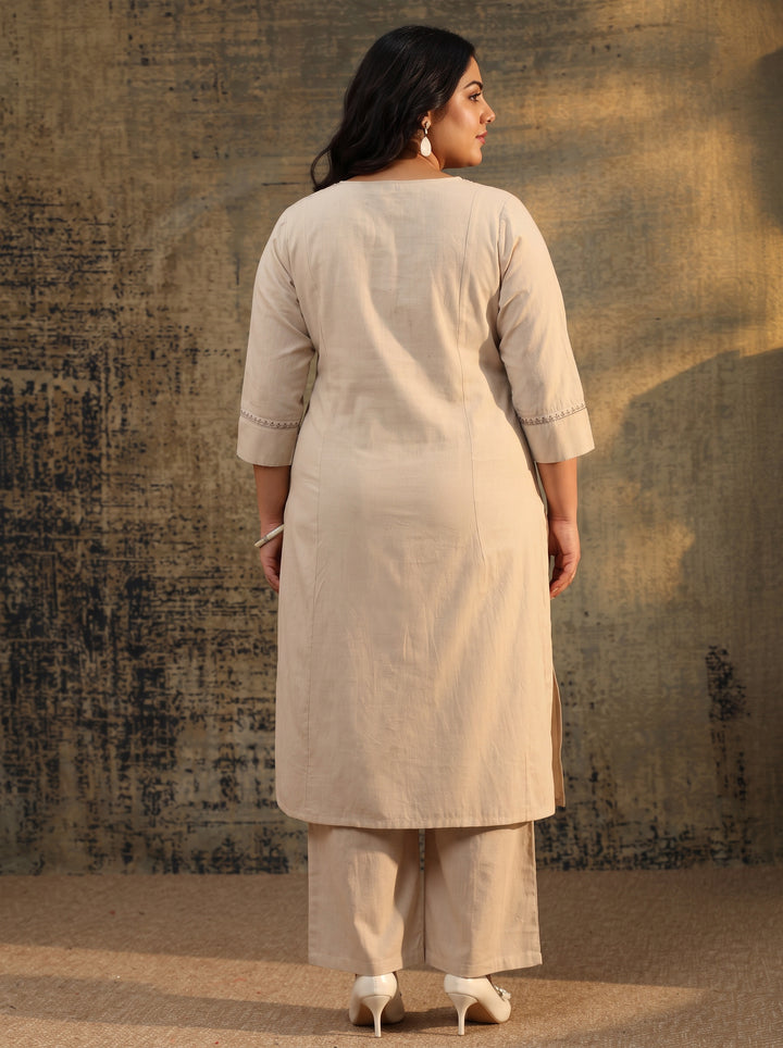 Plus Size Off White Floral Embroidered Cotton Straight Suit Set