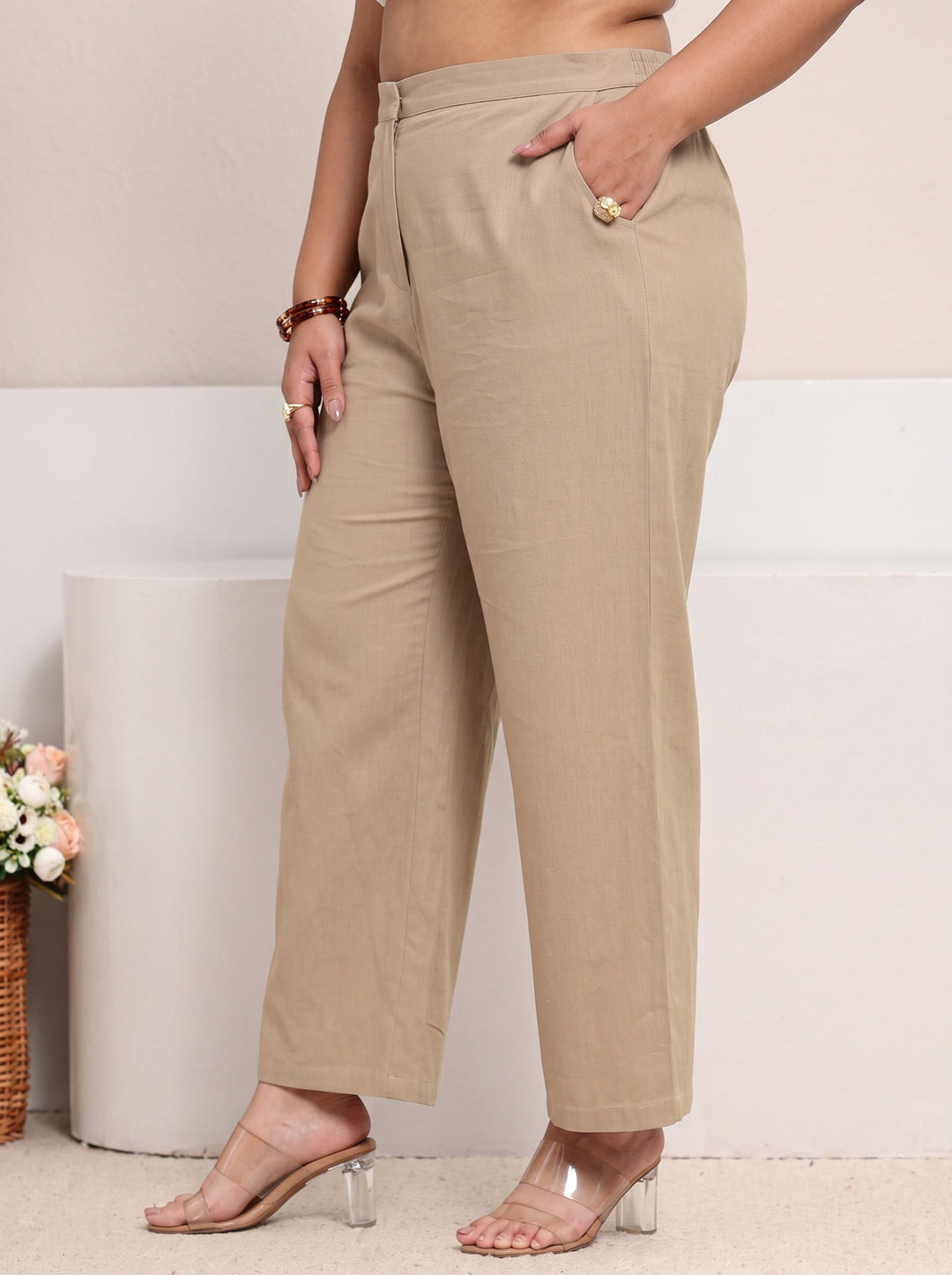Plus Size Beige Floral Embroidered Cotton Straight Suit Set
