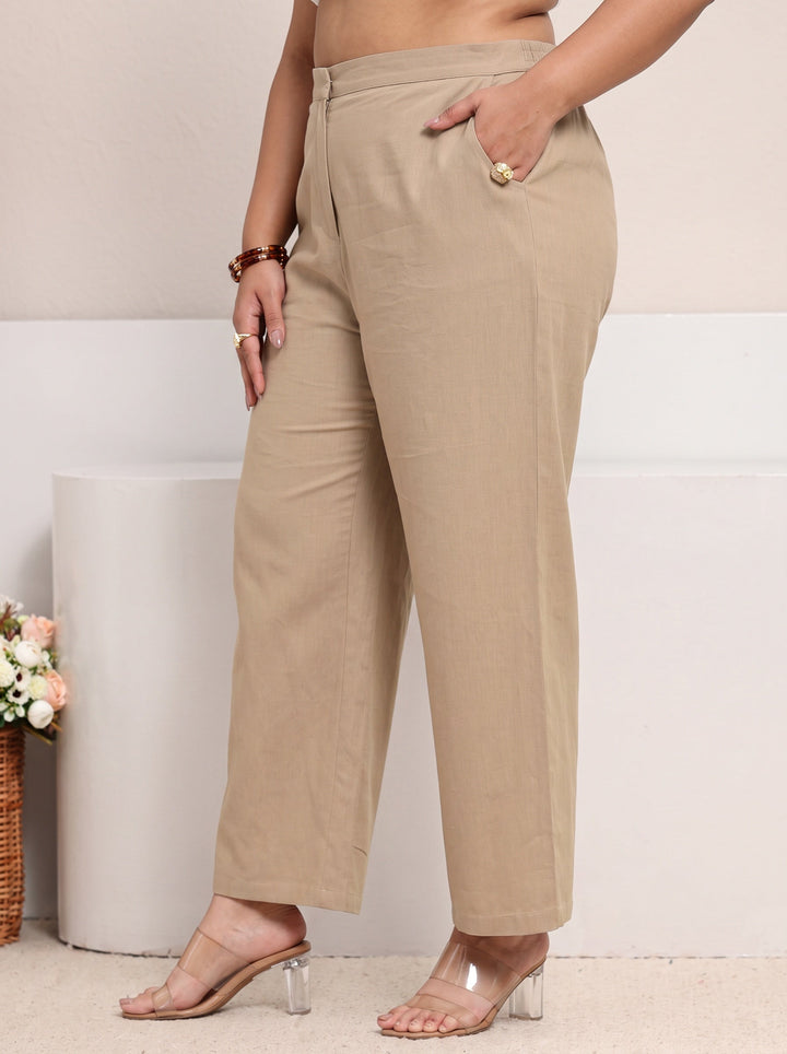 Plus Size Beige Floral Embroidered Cotton Straight Suit Set