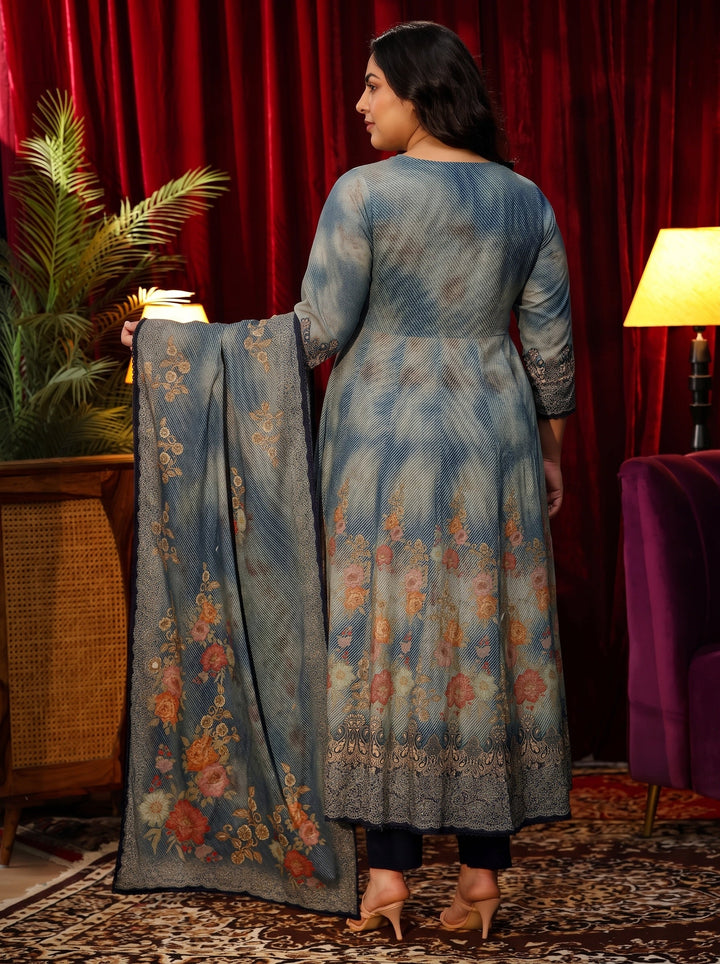 Plus Size Dusty Blue Floral Printed Cotton Anarkali Suit Set