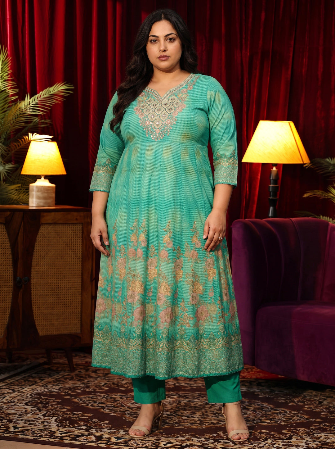 Plus Size Teal Green Floral Printed Cotton Anarkali Suit Set