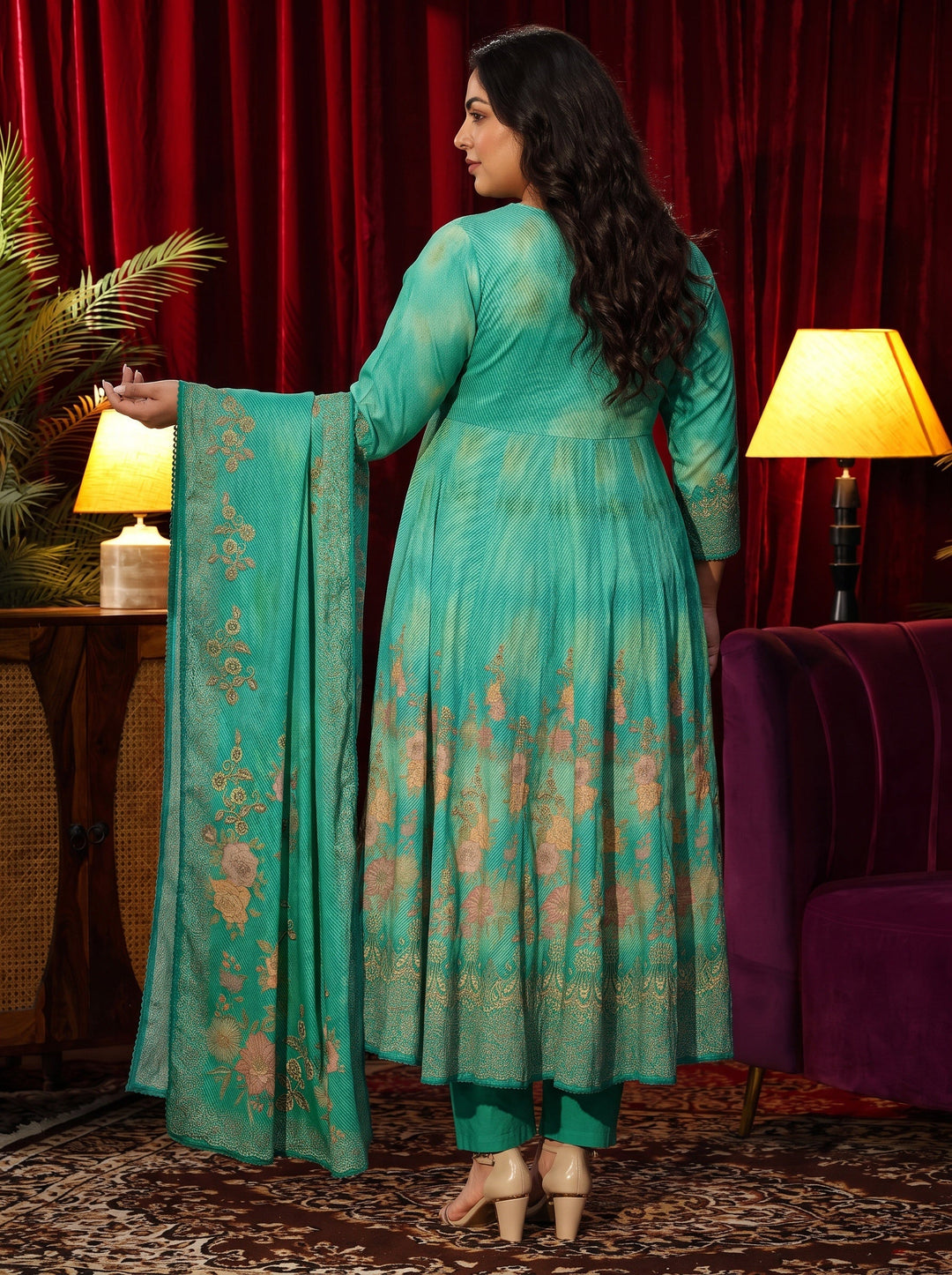 Plus Size Teal Green Floral Printed Cotton Anarkali Suit Set