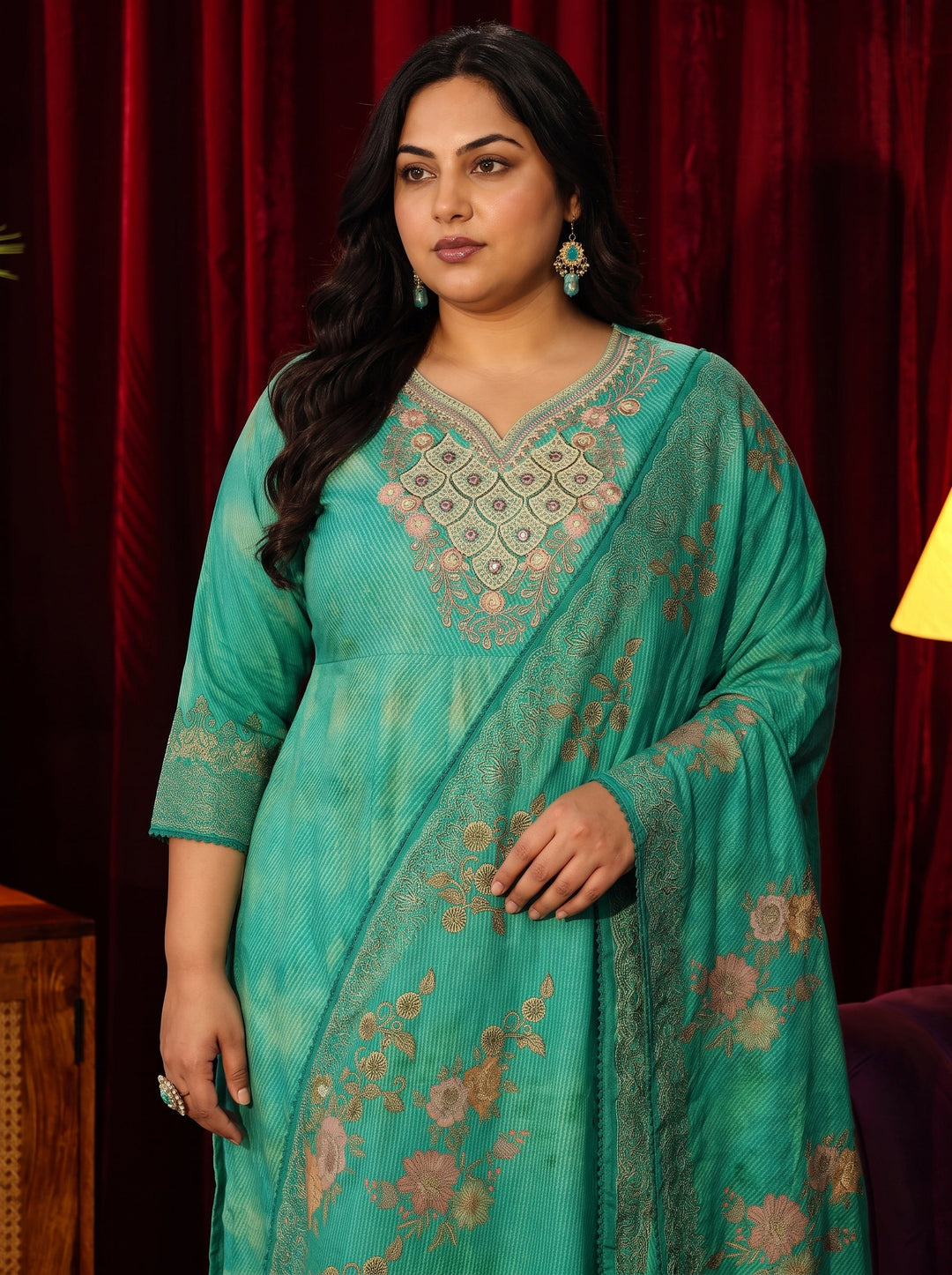 Plus Size Teal Green Floral Printed Cotton Anarkali Suit Set