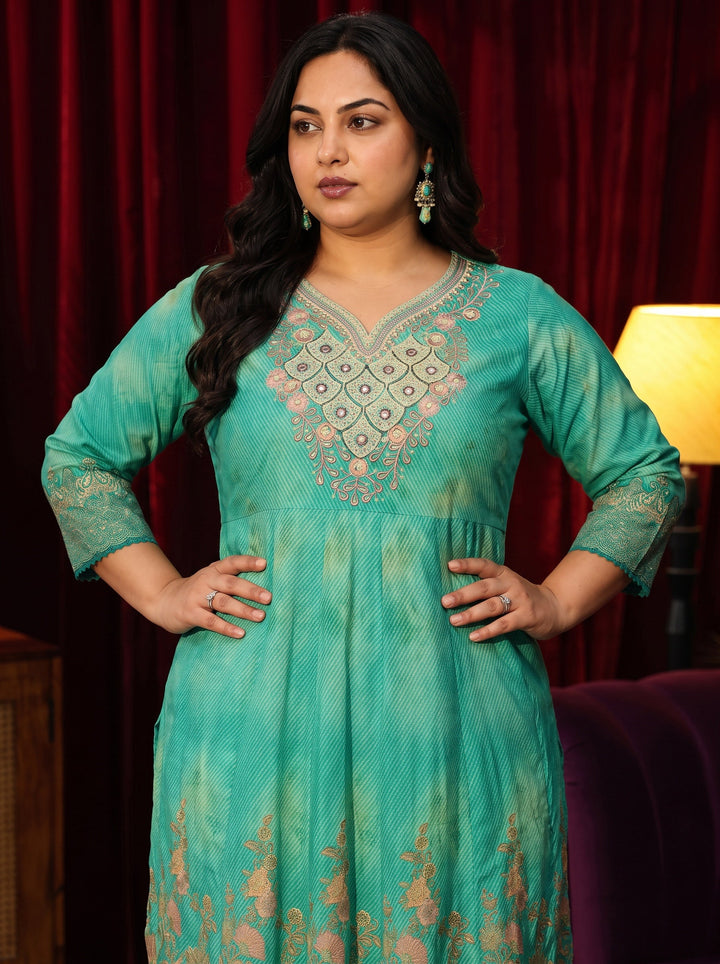 Plus Size Teal Green Floral Printed Cotton Anarkali Suit Set