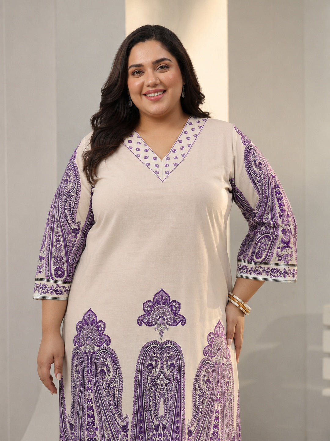 Plus Size Off White Ethnic Printed Cotton Co-Ord Set