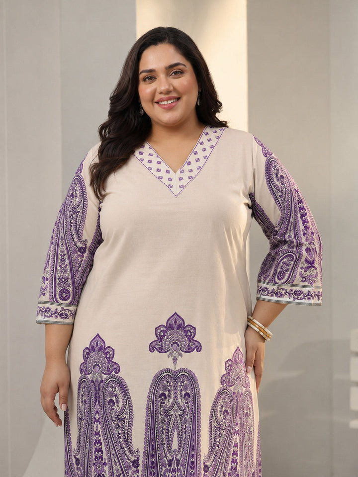 Plus Size Off White Ethnic Printed Cotton Co-Ord Set