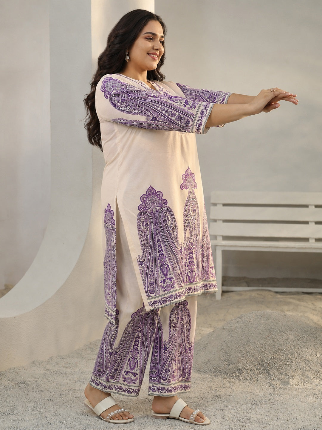 Plus Size Off White Ethnic Printed Cotton Co-Ord Set