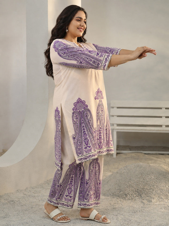 Plus Size Off White Ethnic Printed Cotton Co-Ord Set