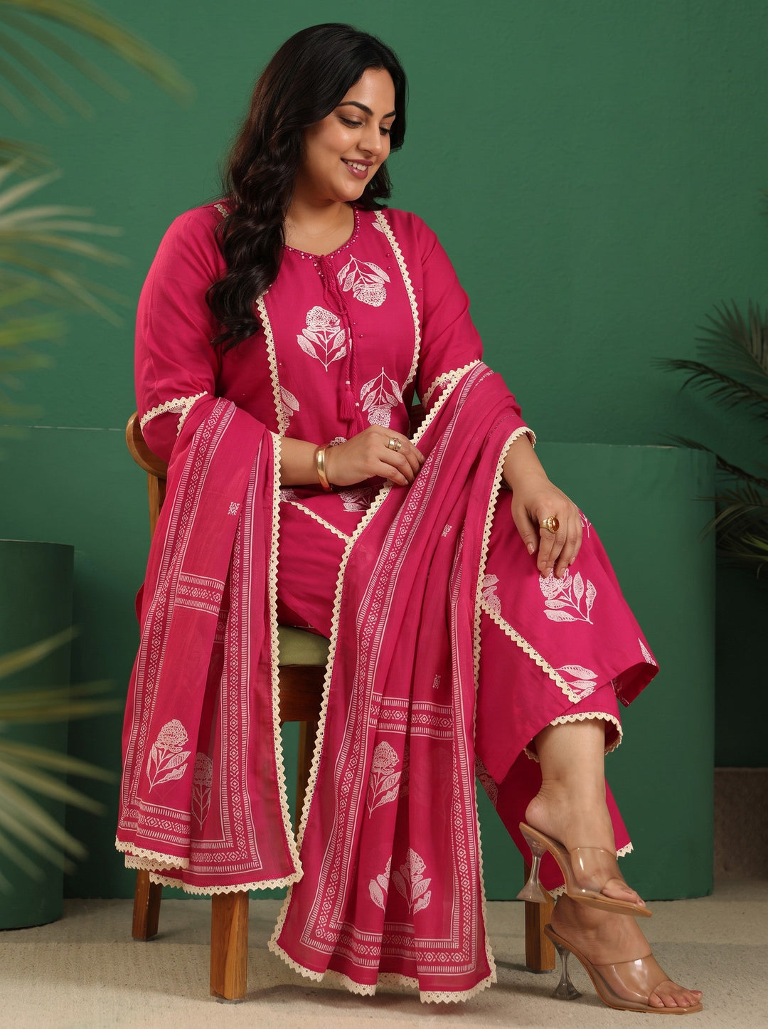 Plus Size Fuchsia Pink Floral Printed Cotton Straight Suit Set