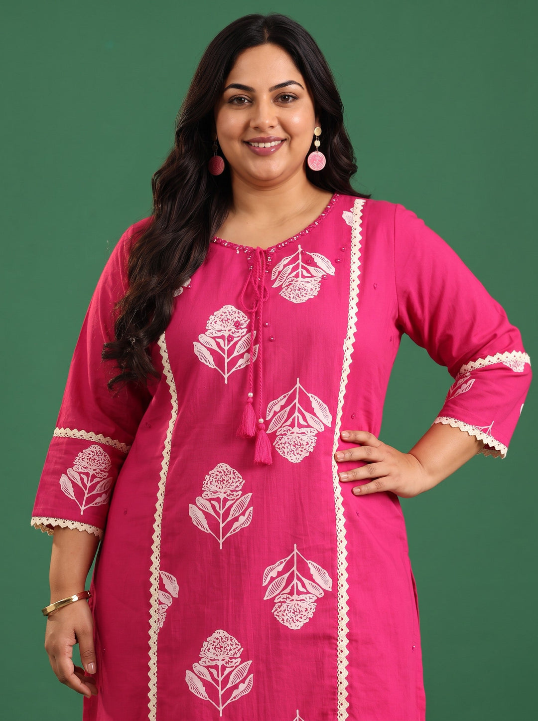 Plus Size Fuchsia Pink Floral Printed Cotton Straight Suit Set