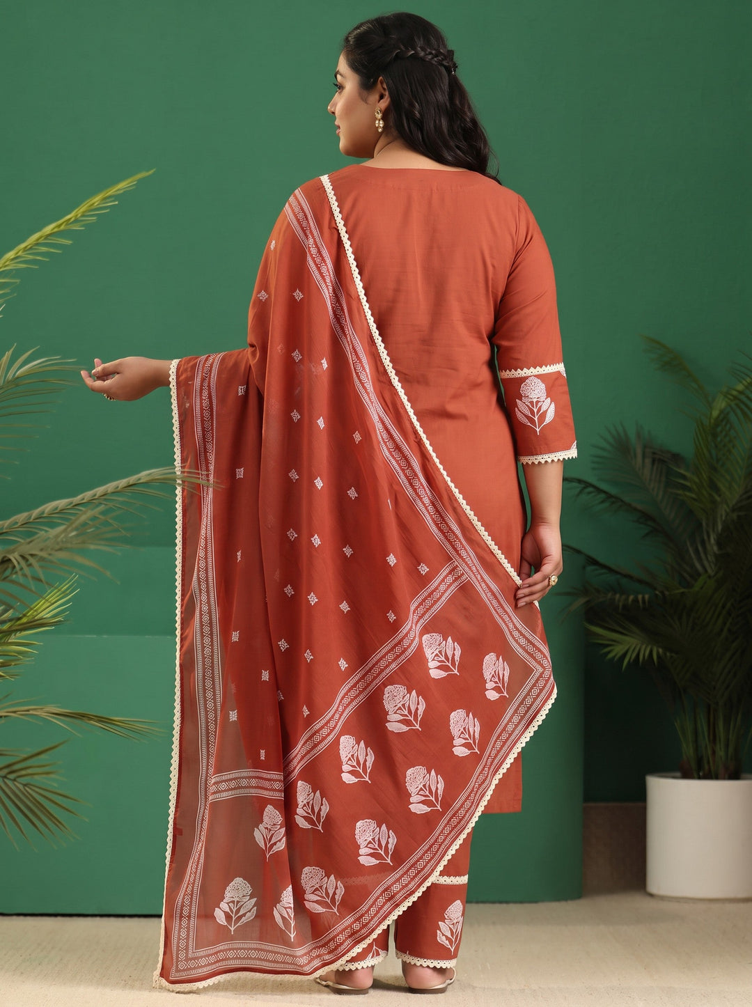 Plus Size Burnt Orange Floral Printed Cotton Straight Suit Set