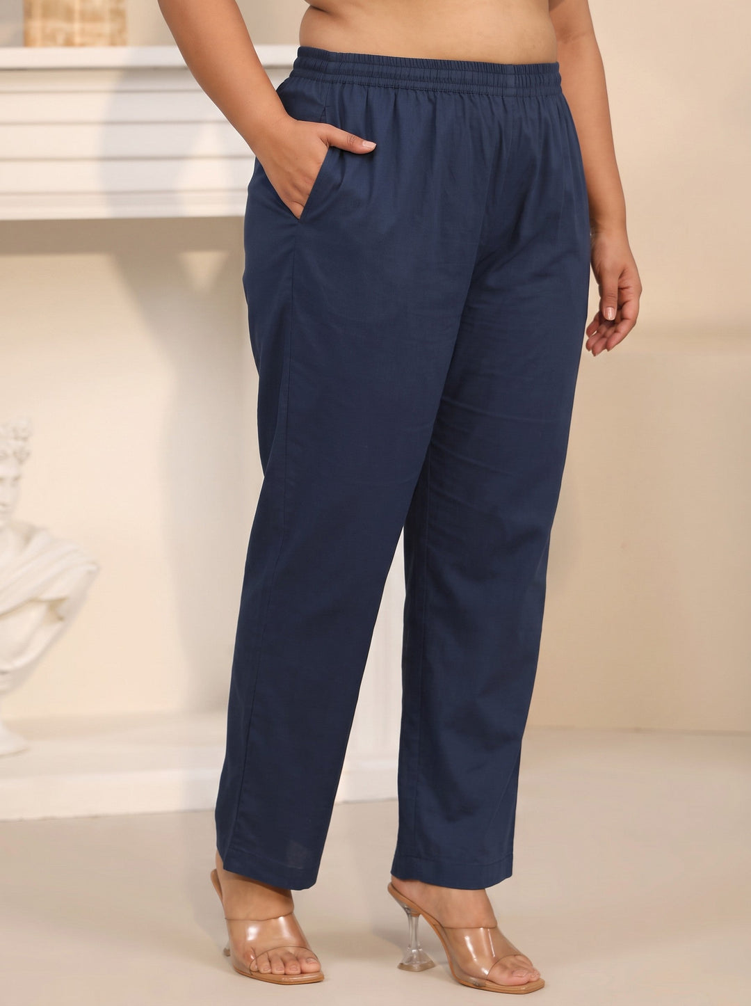 Plus Size Navy Blue Printed Yoke Chanderi Silk Straight Suit Set