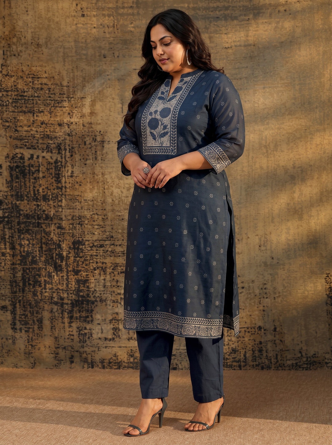 Plus Size Indigo Blue Floral Printed Chanderi Silk Straight Suit Set
