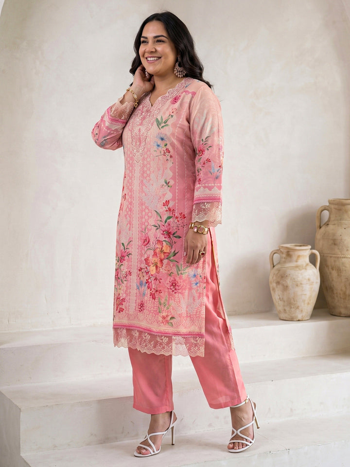 Plus Size Pink Floral Printed Crepe Suit Set