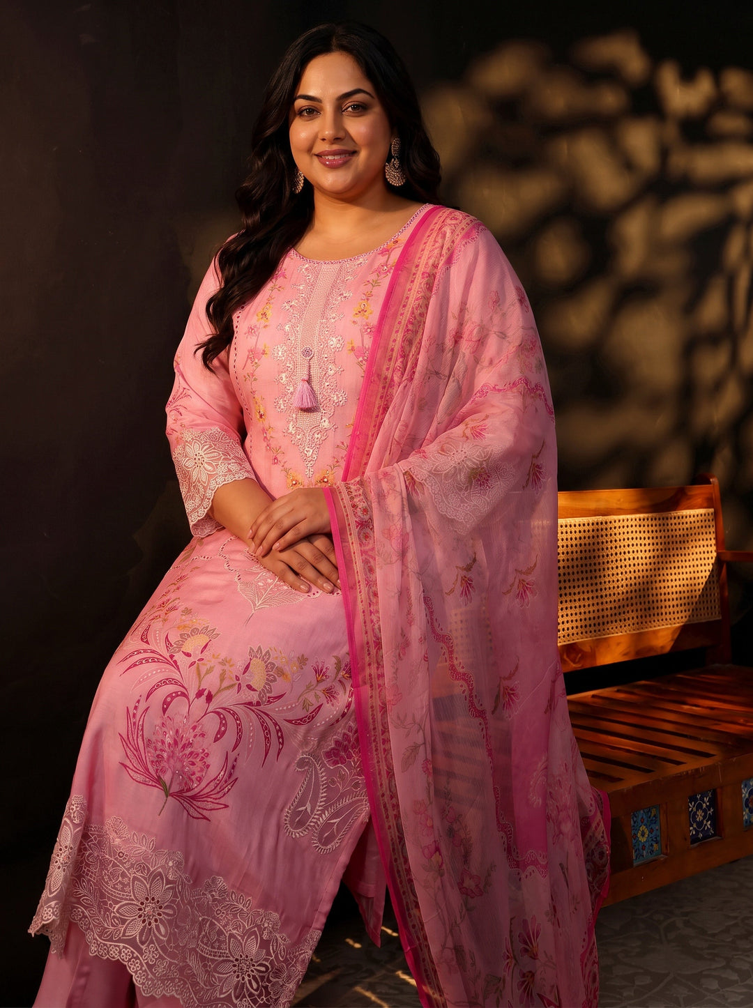 Plus Size Pink Floral Embroidered Crepe Straight Suit Set