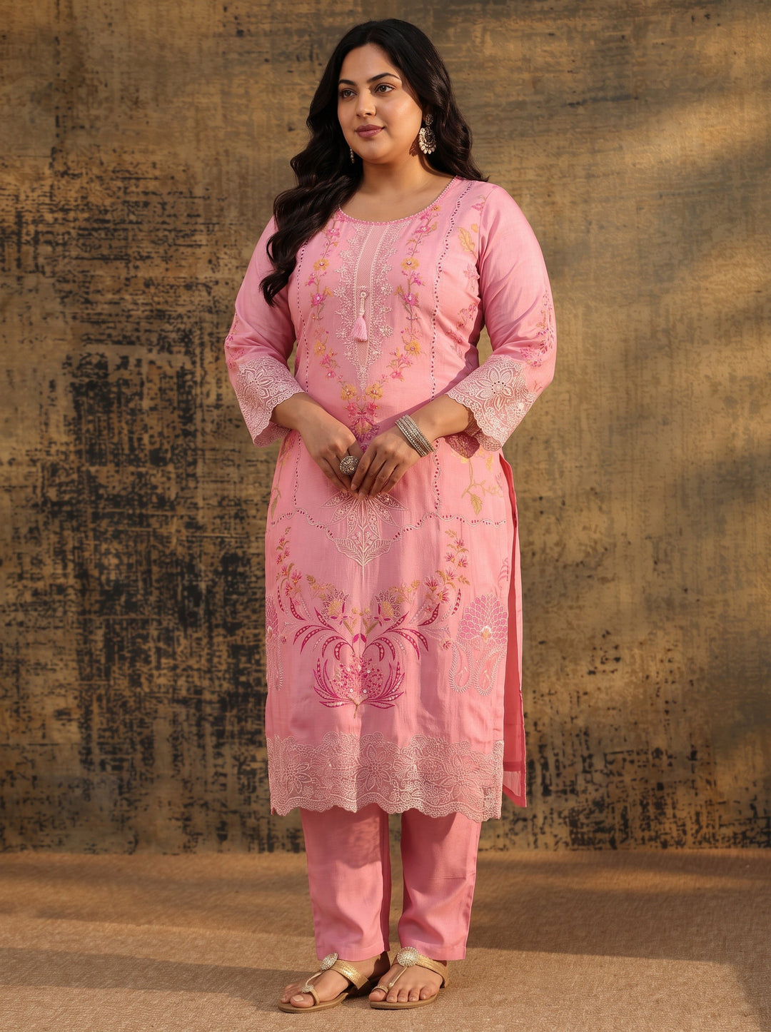 Plus Size Pink Floral Embroidered Crepe Straight Suit Set