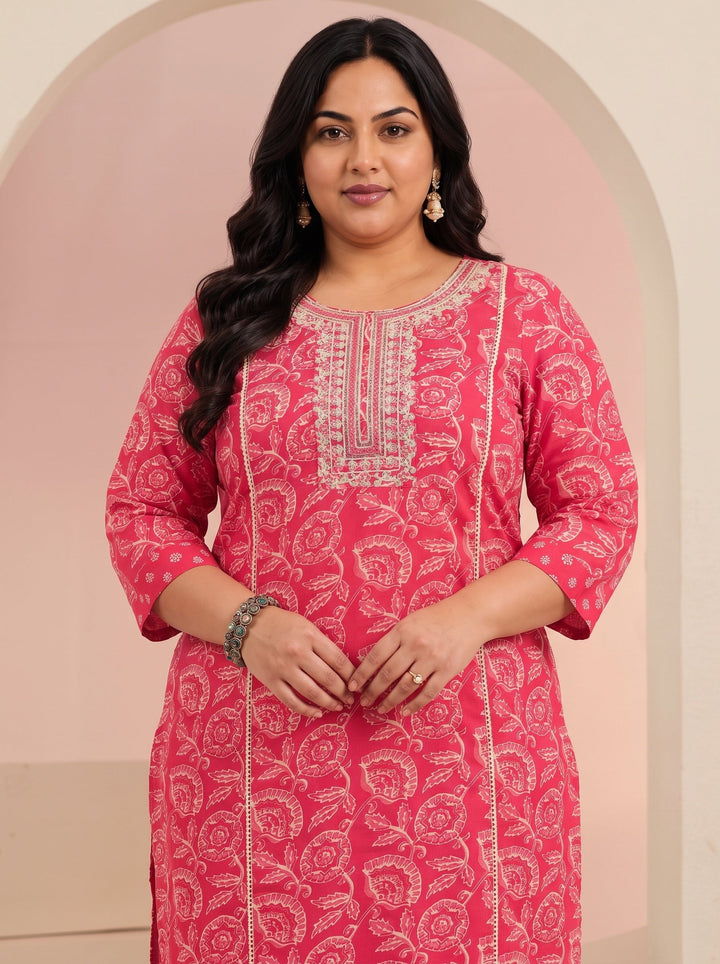 Plus Size Raspberry Red Floral Printed Cotton Straight Suit Set