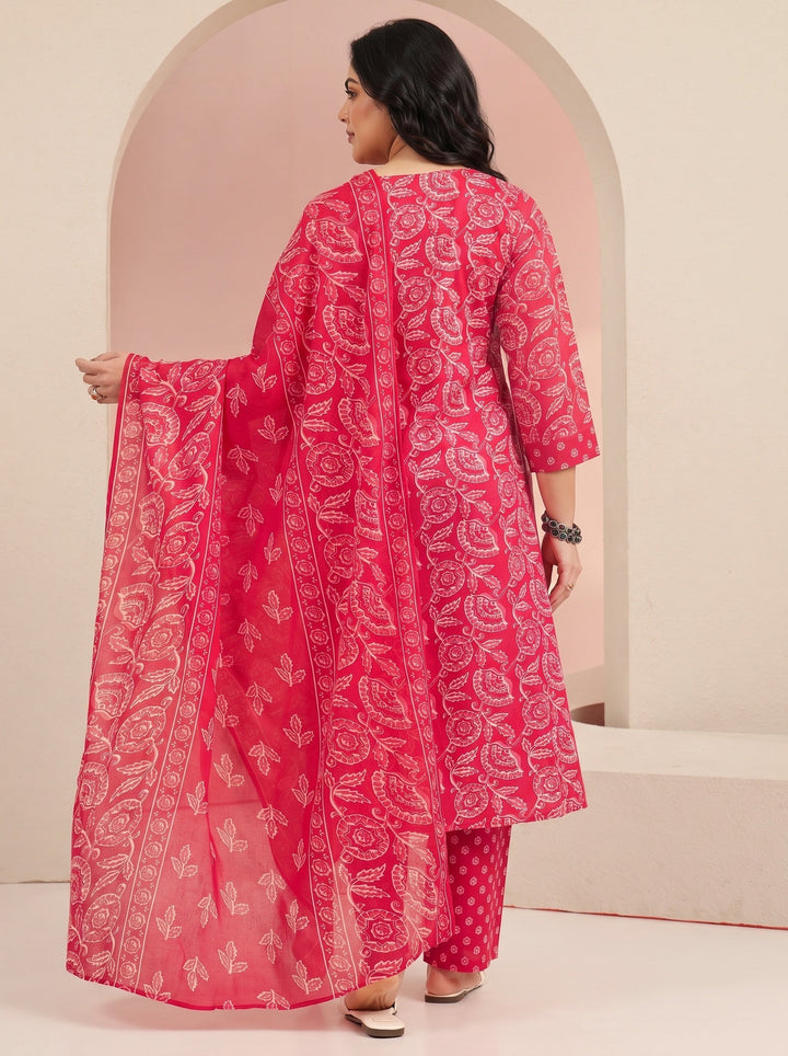 Plus Size Raspberry Red Floral Printed Cotton Straight Suit Set