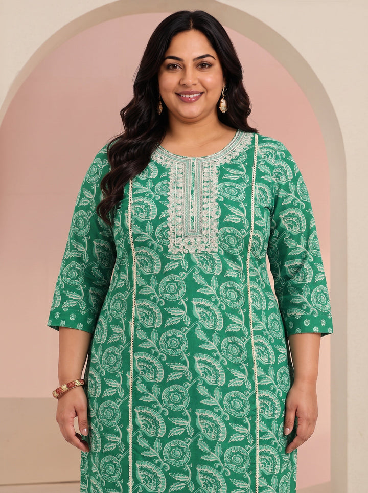 Plus Size Emerald Green Printed Cotton Straight Suit Set