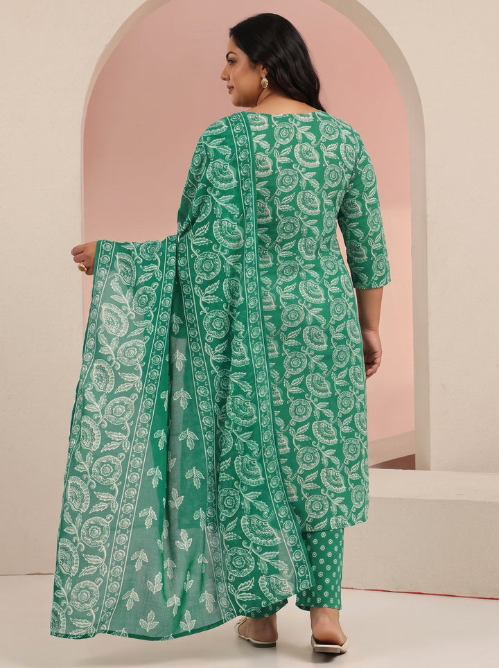 Plus Size Emerald Green Printed Cotton Straight Suit Set