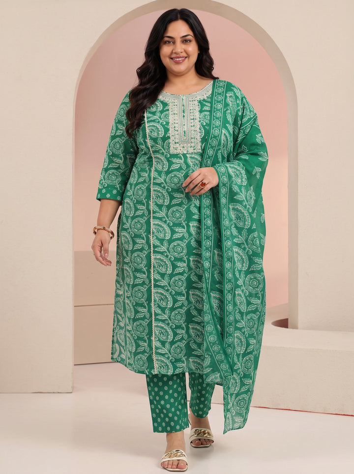 Plus Size Emerald Green Printed Cotton Straight Suit Set