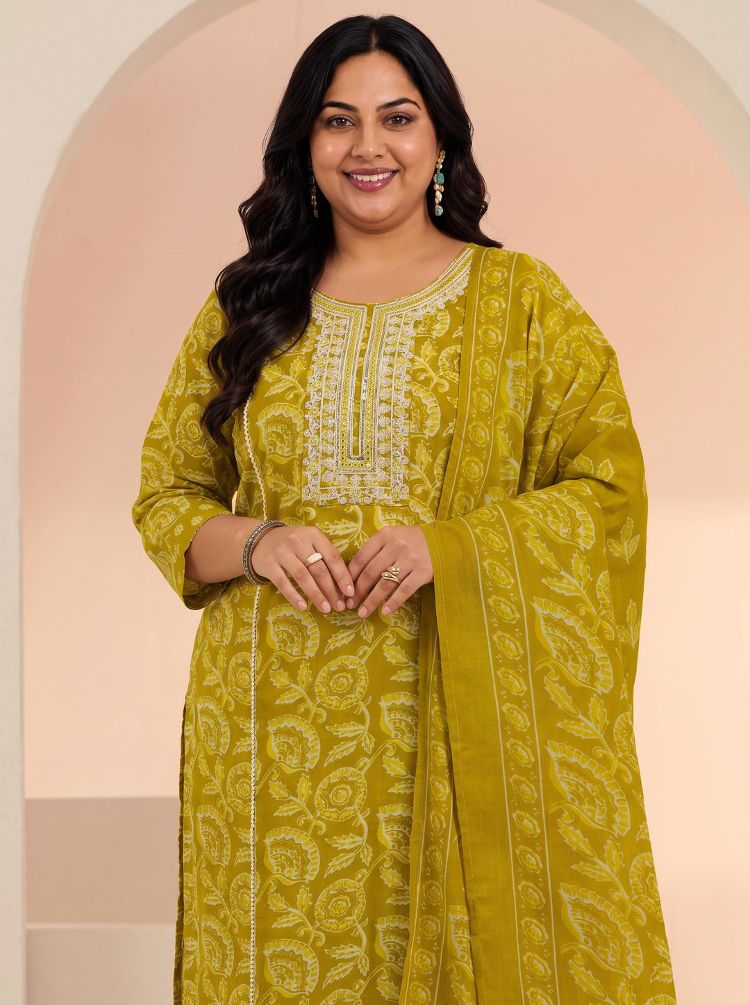 Plus Size Mustard Floral Printed Cotton Straight Suit Set