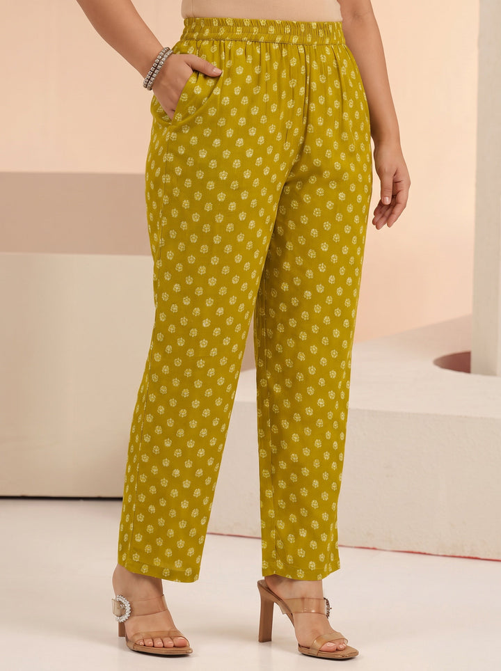 Plus Size Mustard Floral Printed Cotton Straight Suit Set