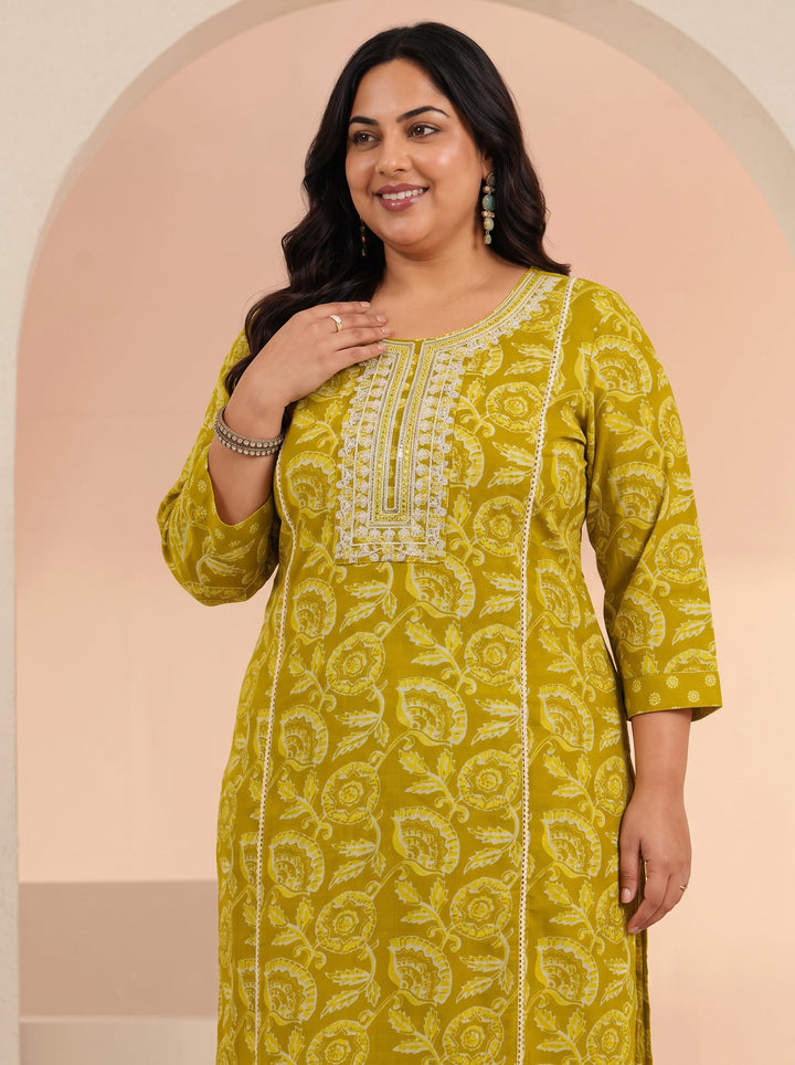 Plus Size Mustard Floral Printed Cotton Straight Suit Set