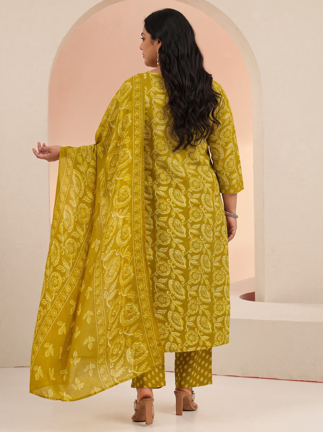 Plus Size Mustard Floral Printed Cotton Straight Suit Set
