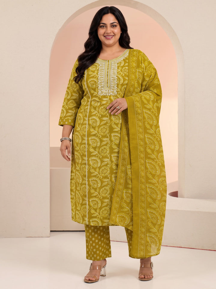 Plus Size Mustard Floral Printed Cotton Straight Suit Set