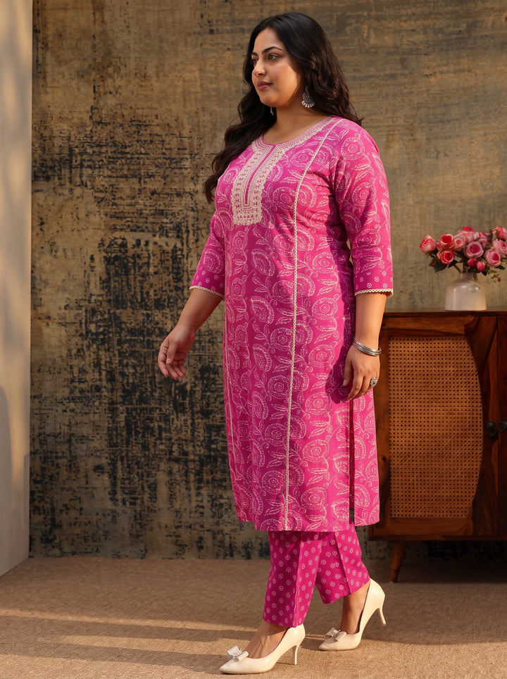 Plus Size Magenta Floral Printed Cotton Straight Suit Set