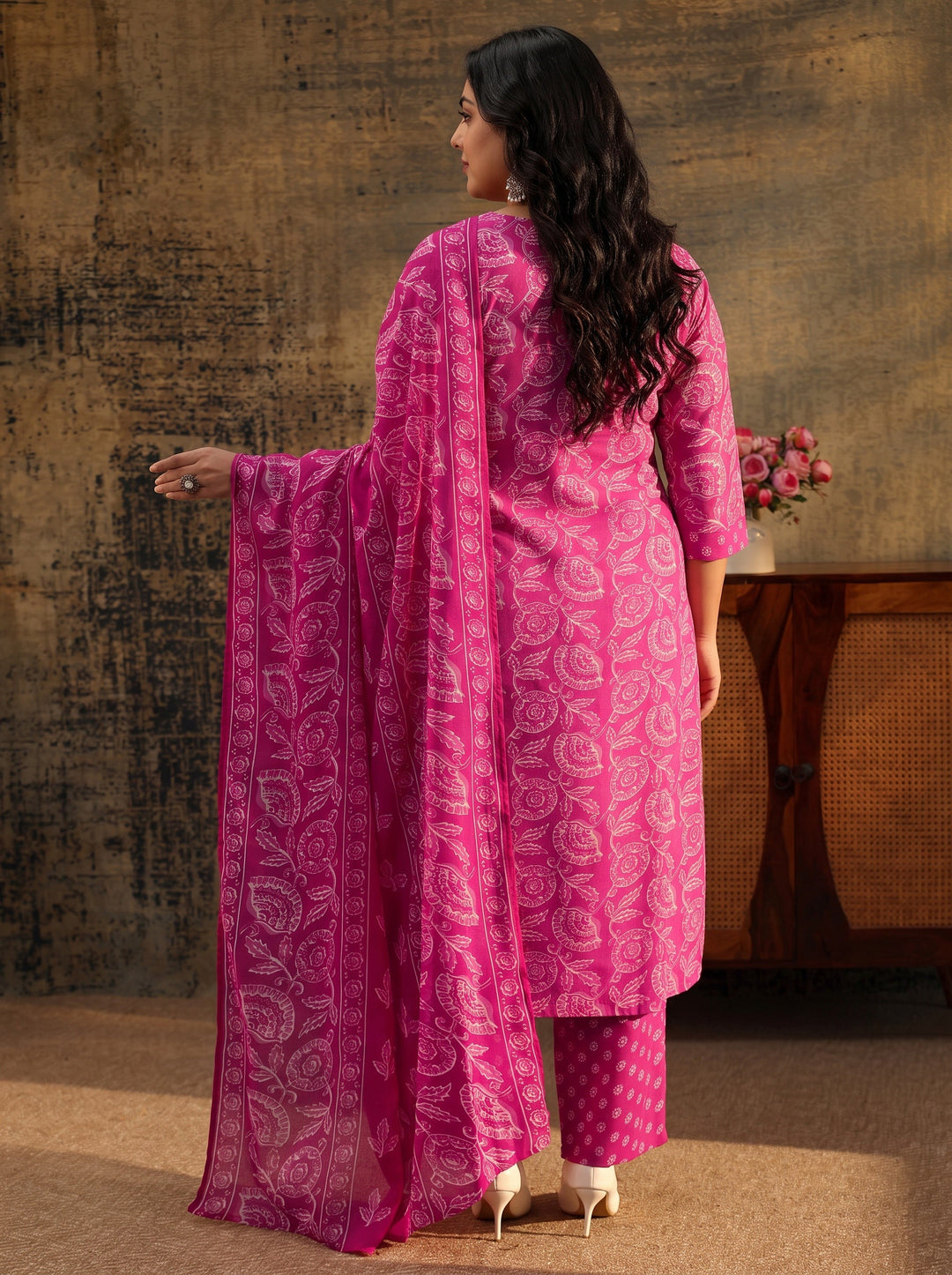 Plus Size Magenta Floral Printed Cotton Straight Suit Set