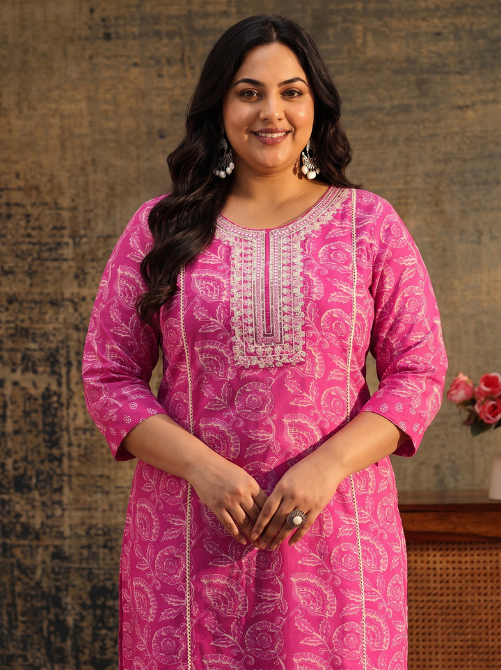 Plus Size Magenta Floral Printed Cotton Straight Suit Set