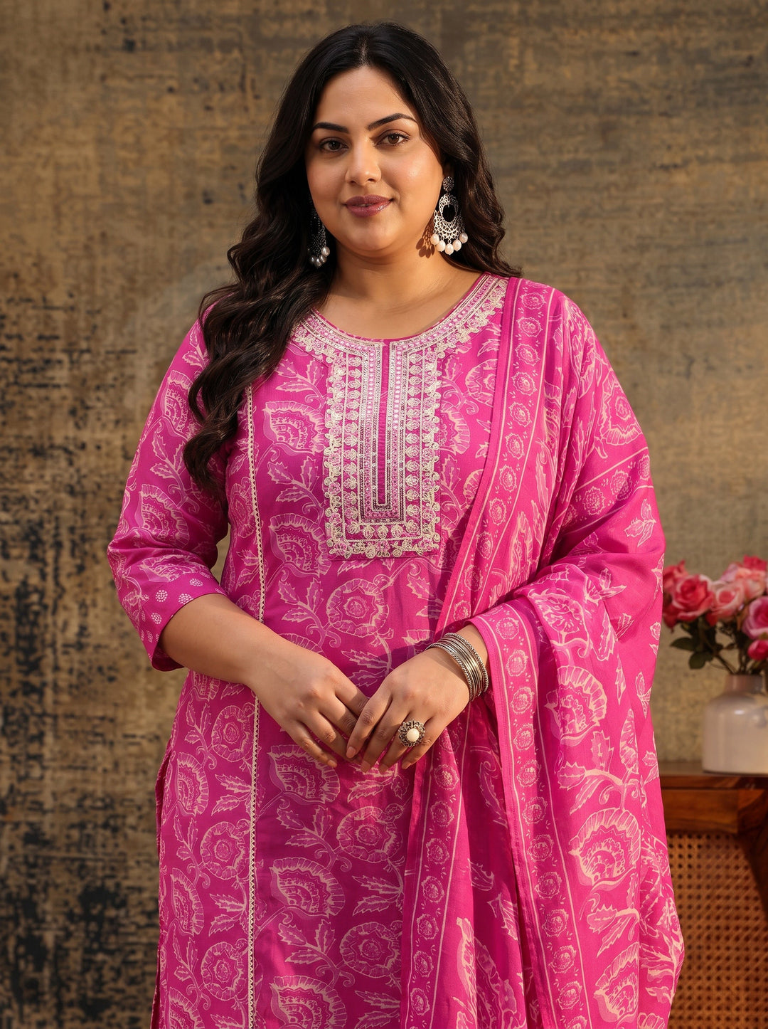 Plus Size Magenta Floral Printed Cotton Straight Suit Set